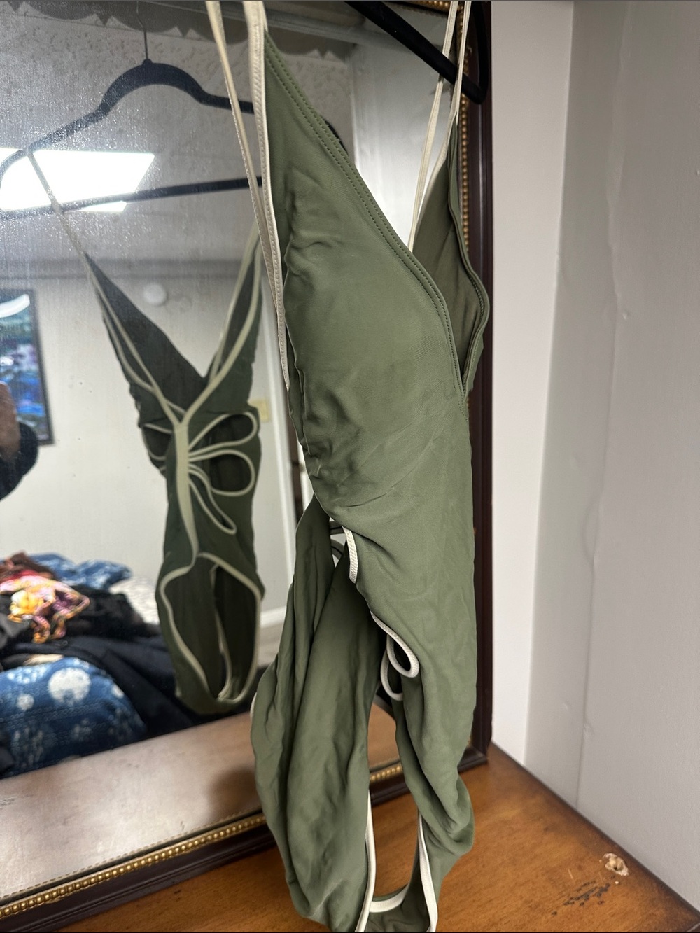 aerie Olive Green One-Piece Swimsuit with Cream Trim